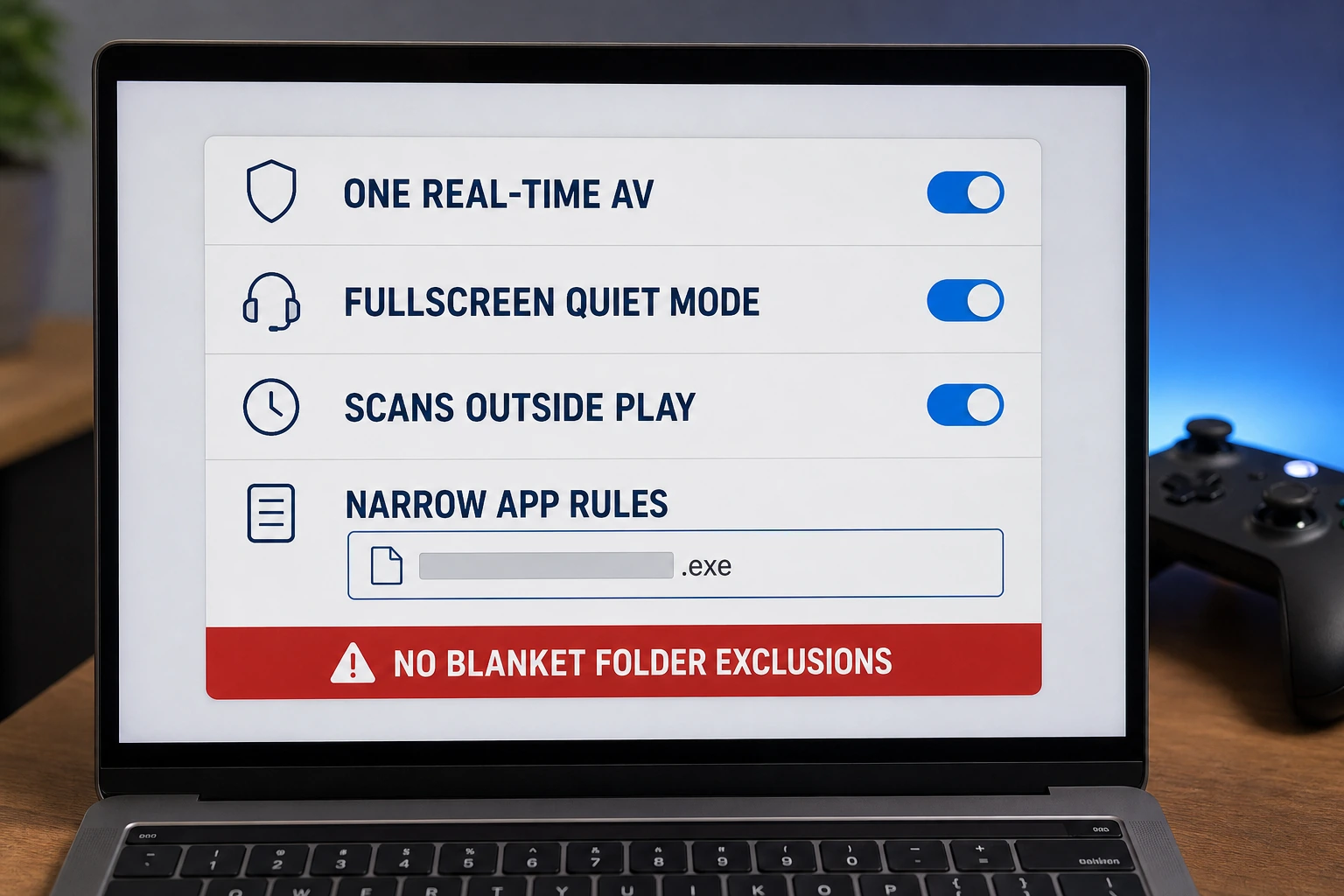 Low-interruption gaming antivirus setup with one real-time scanner, full-screen quiet mode, scheduled scans and narrow app rules
