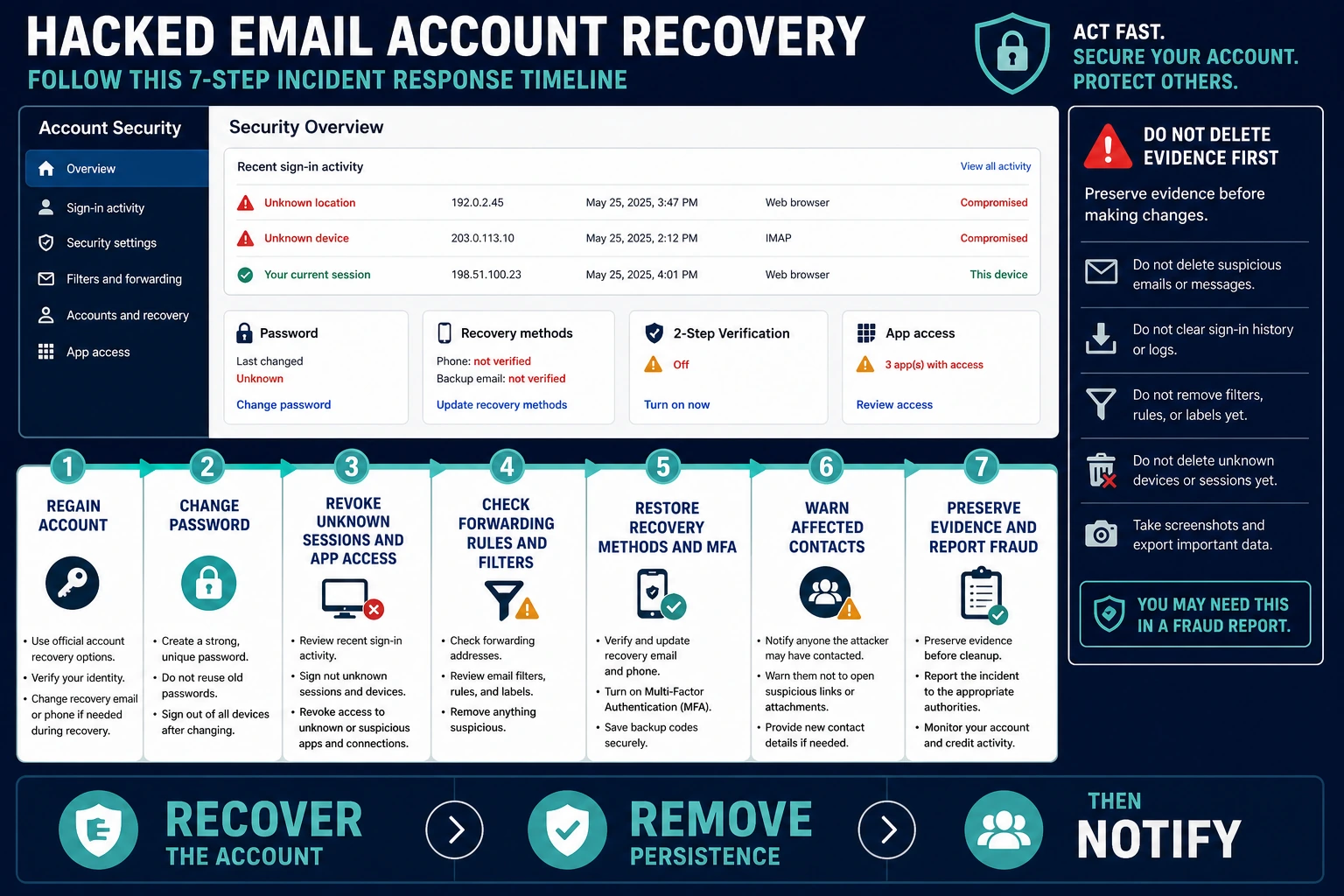 Hacked email account recovery timeline for changing the password, revoking sessions, checking forwarding rules, restoring MFA and warning contacts