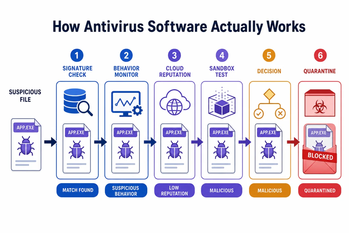 Six-stage antivirus detection pipeline from signature and behavior checks to quarantine