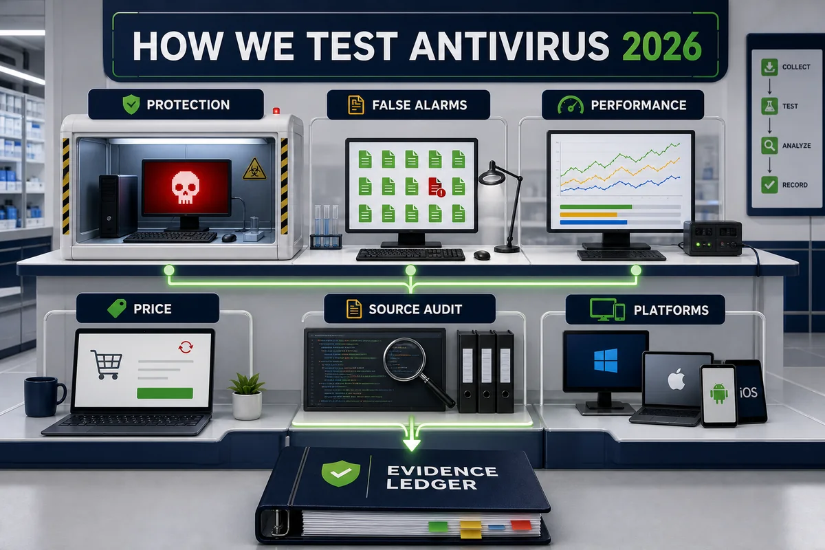Antivirus testing workflow from research and lab evidence to editorial verdict