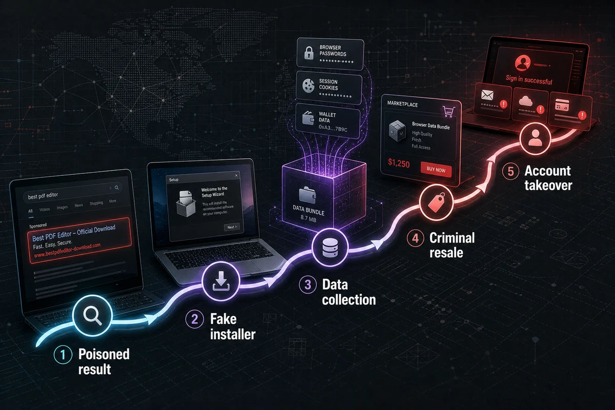 Infostealer attack chain from poisoned search result to account takeover