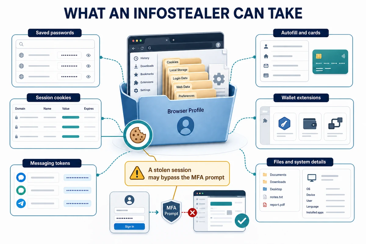 Browser profile data targeted by infostealers including passwords cookies wallets and tokens