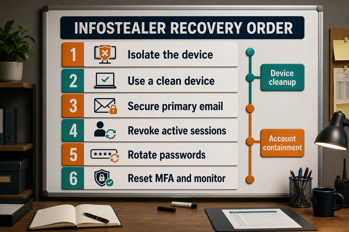 Infostealer recovery order for device cleanup and account containment