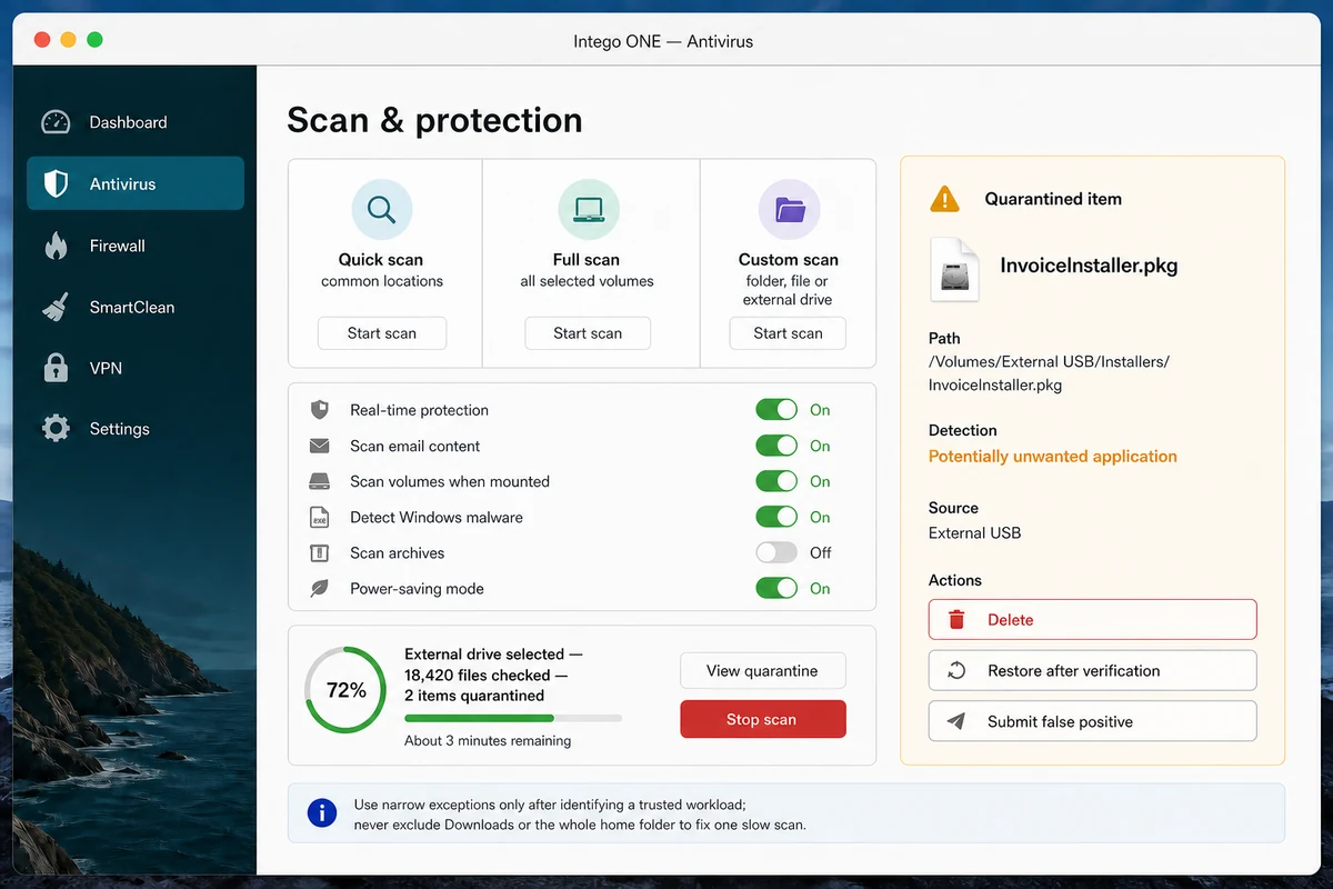 Intego ONE Mac scan controls for quick full custom scheduled and external-volume scans
