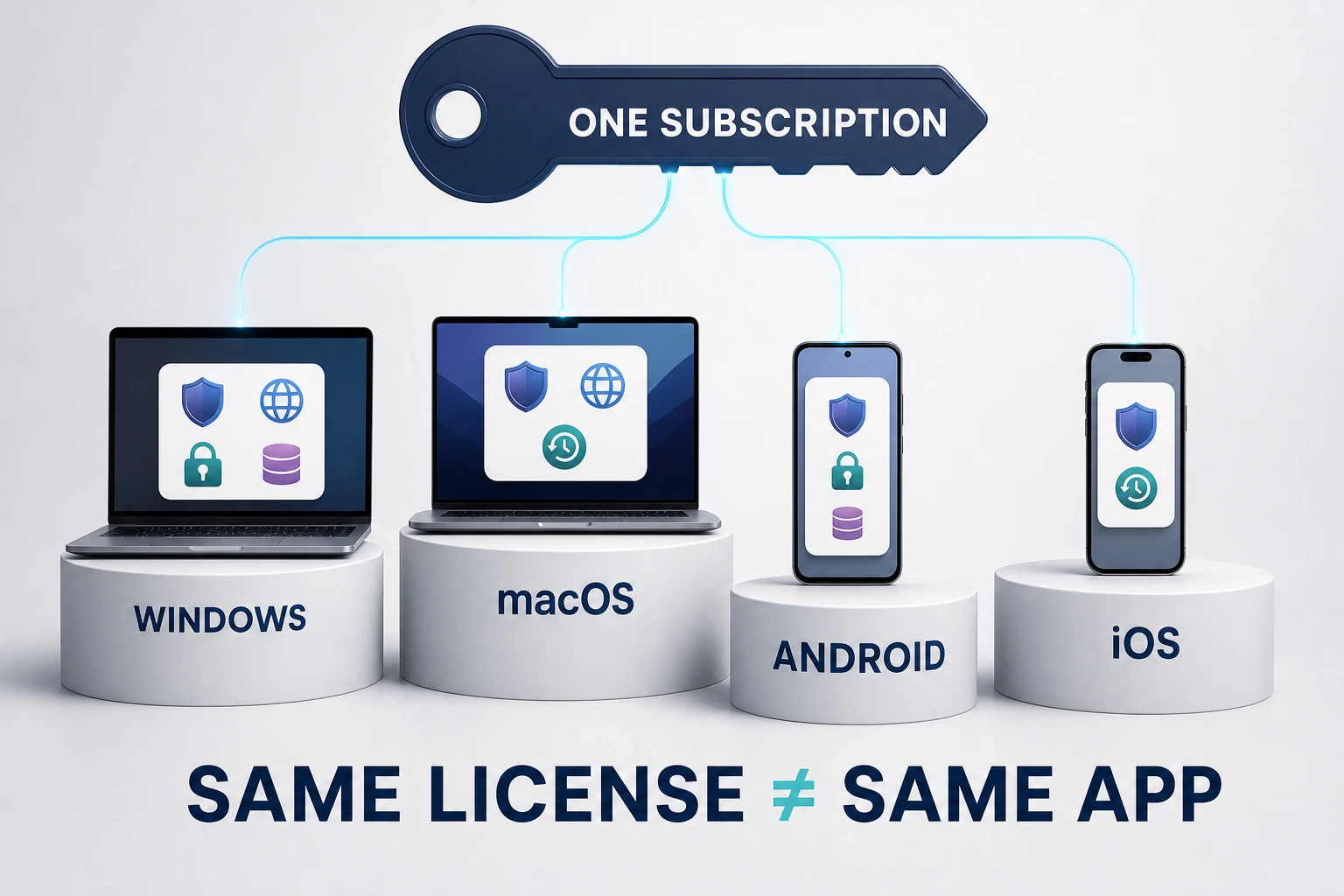 Internet security subscription distributed across Windows, macOS, Android and iOS with different feature sets