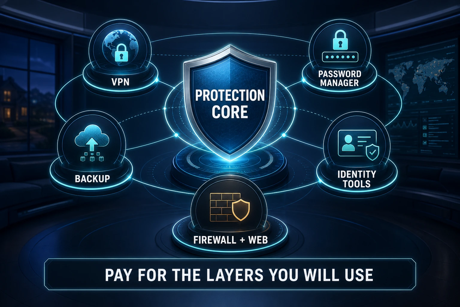 Internet security suite layers for antivirus, firewall, web protection, VPN, password management, backup and identity tools