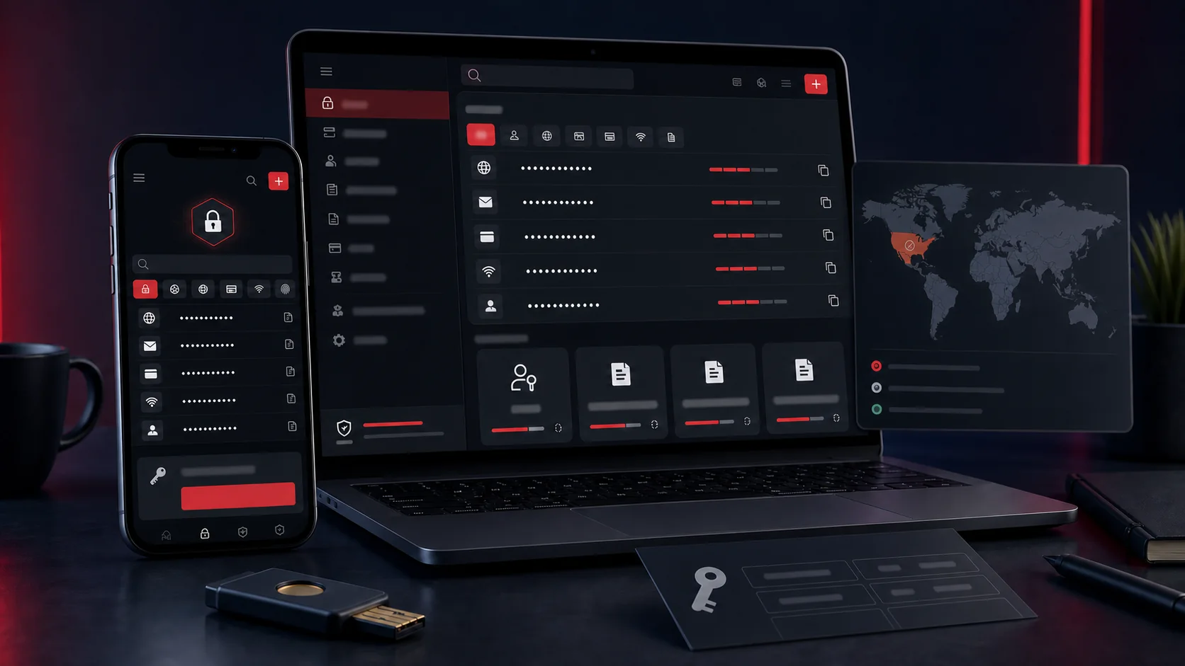 Password vault on a laptop and phone with passkeys, recovery key and United States availability warning