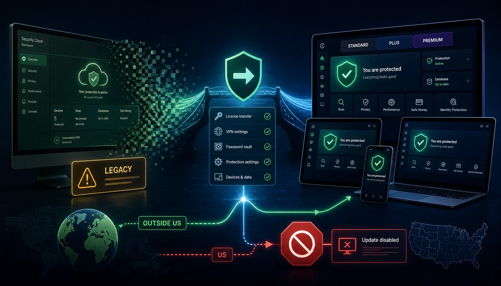 Kaspersky Security Cloud migration flow to Standard, Plus or Premium outside the US and a vendor-switch route for US users