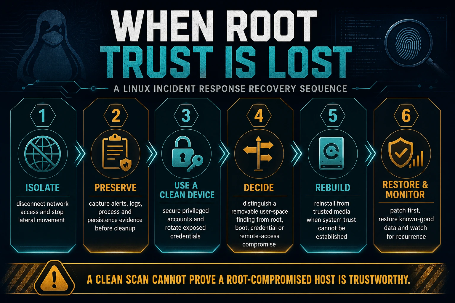 Linux root compromise recovery sequence for isolation, evidence preservation, credential rotation, rebuild and monitoring