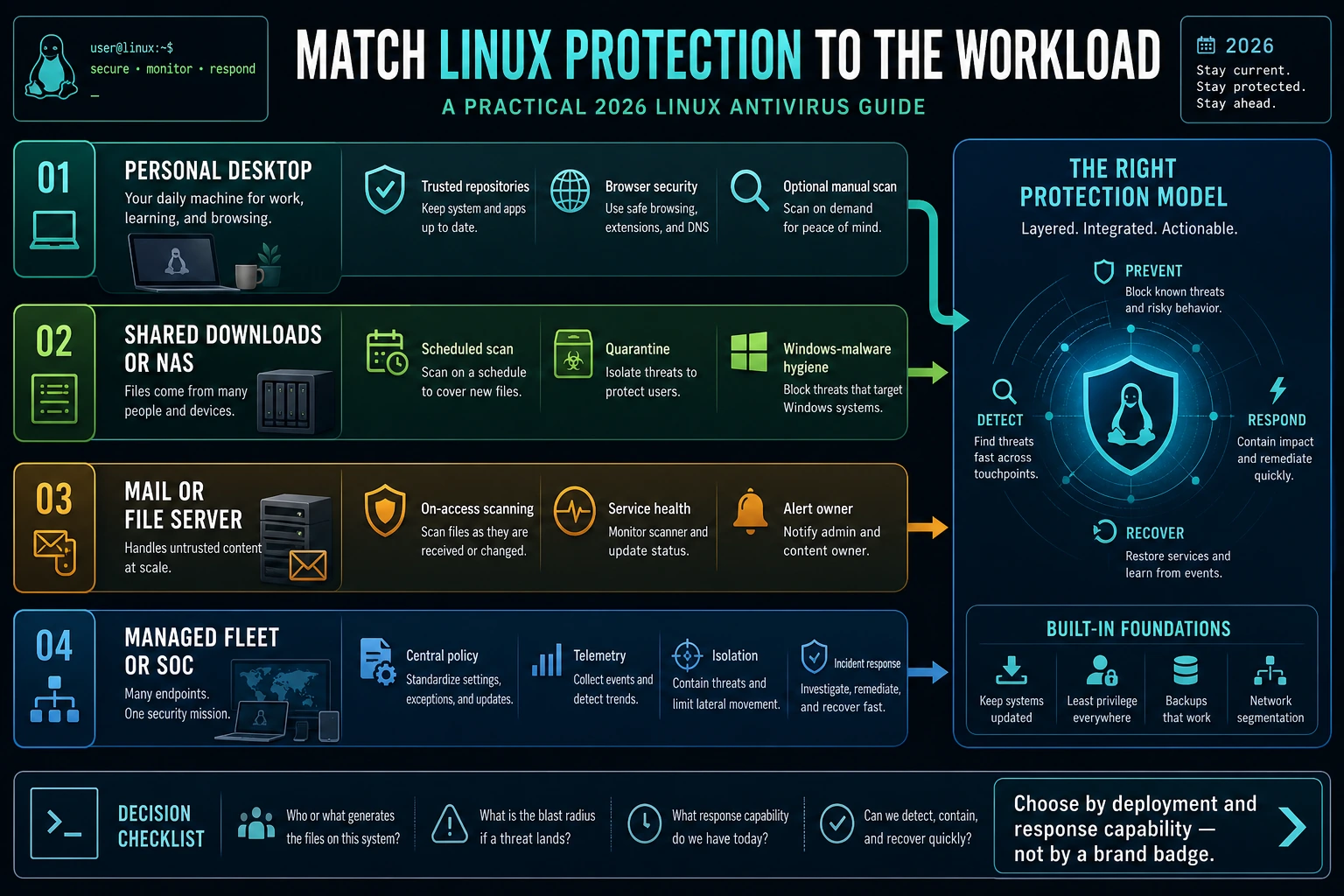 Linux protection chooser for personal desktops, shared downloads, file servers and centrally managed security operations