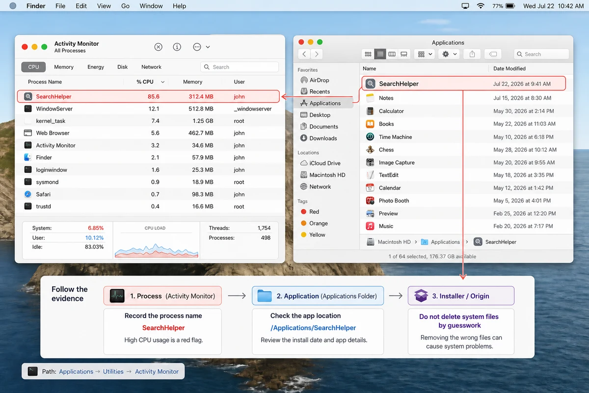 Mac Activity Monitor and Applications views tracing a suspicious process to its app
