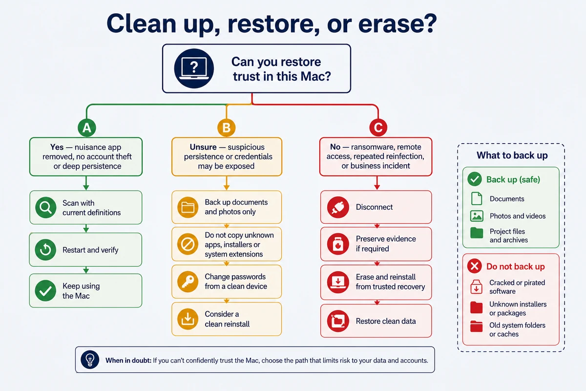 Decision flow for cleaning restoring or erasing a Mac after malware