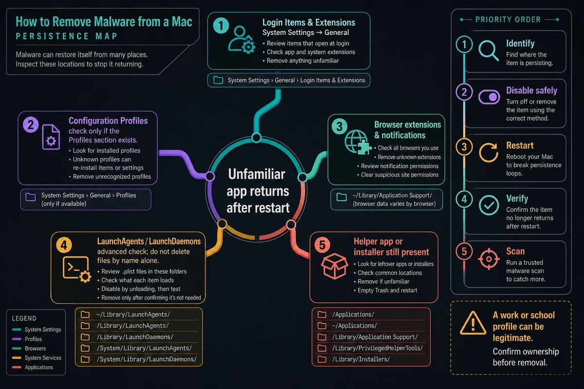 Mac malware persistence map for login items profiles browser extensions launch agents and helper apps