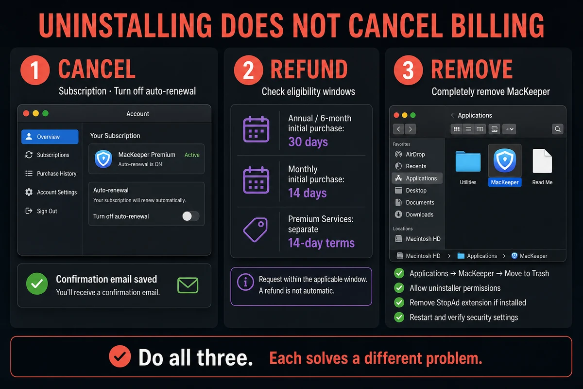 MacKeeper account cancellation, refund windows and complete macOS removal checklist