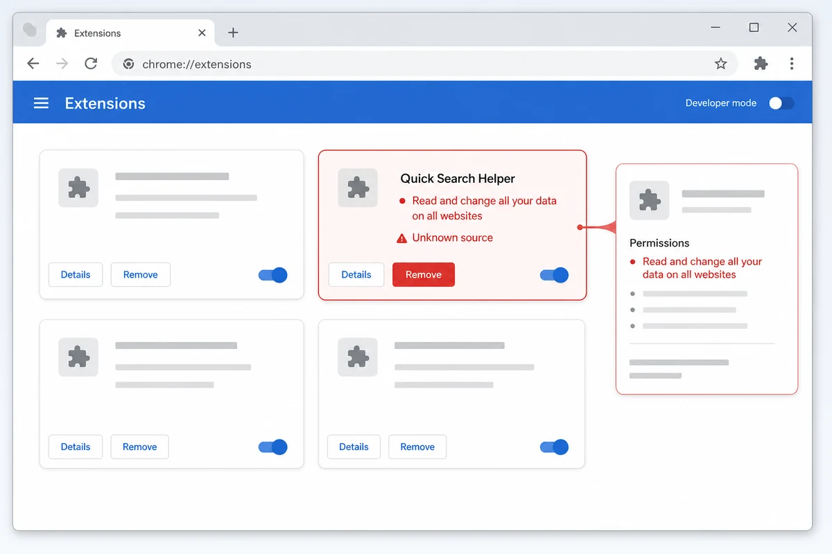 Chrome extensions manager showing a suspicious add-on with broad site permissions and the Remove control