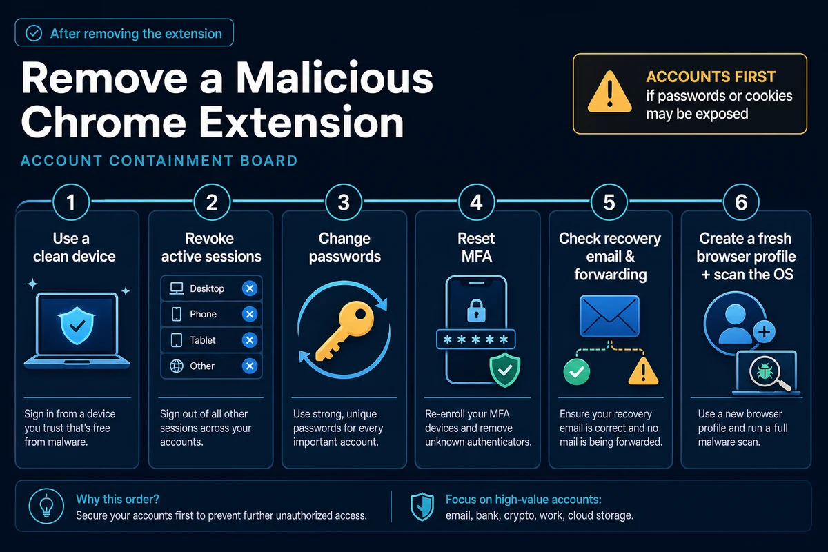 Account containment order after removing a malicious browser extension