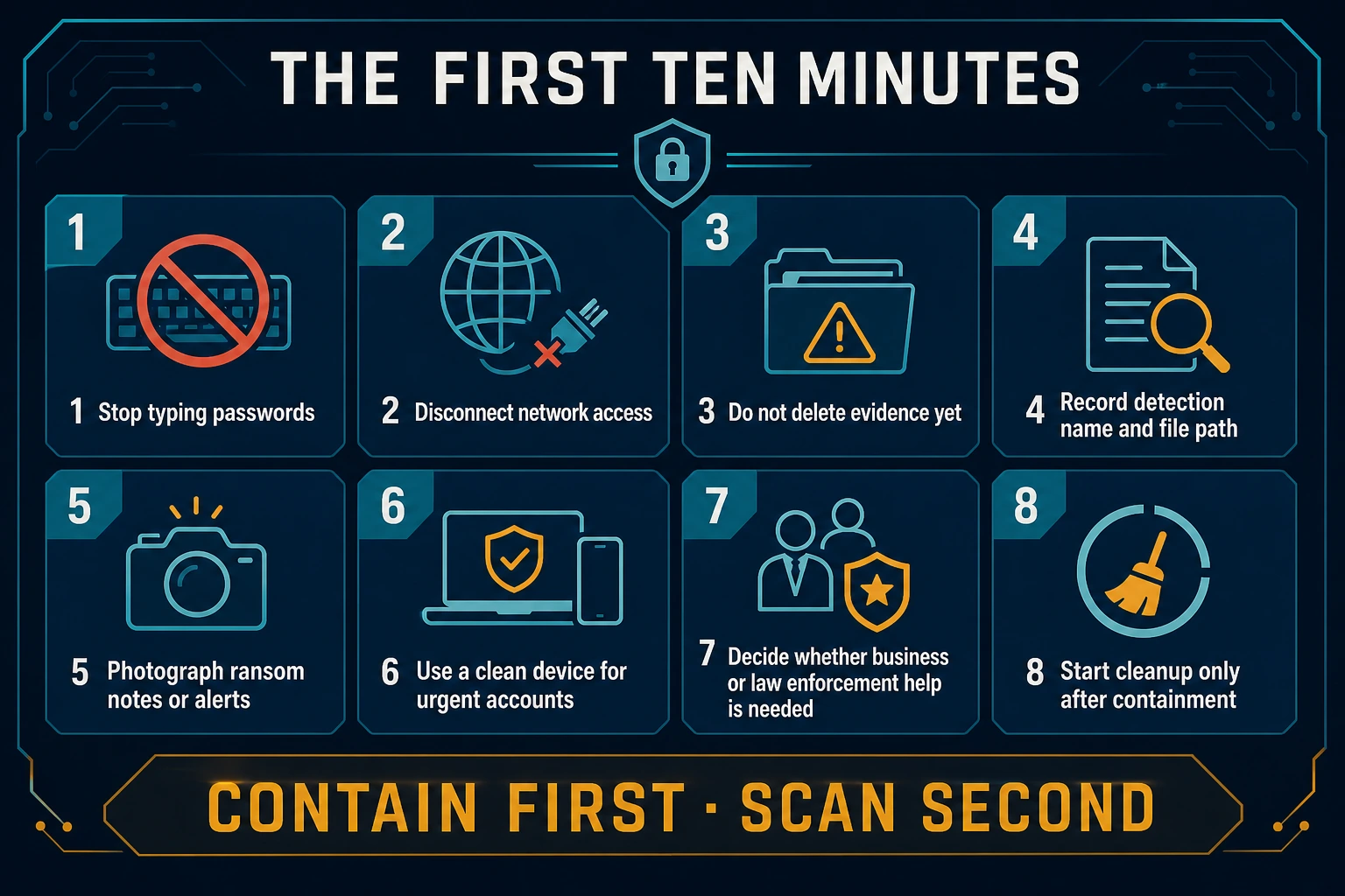 First ten minutes of malware response covering password safety, network isolation, evidence capture and account containment