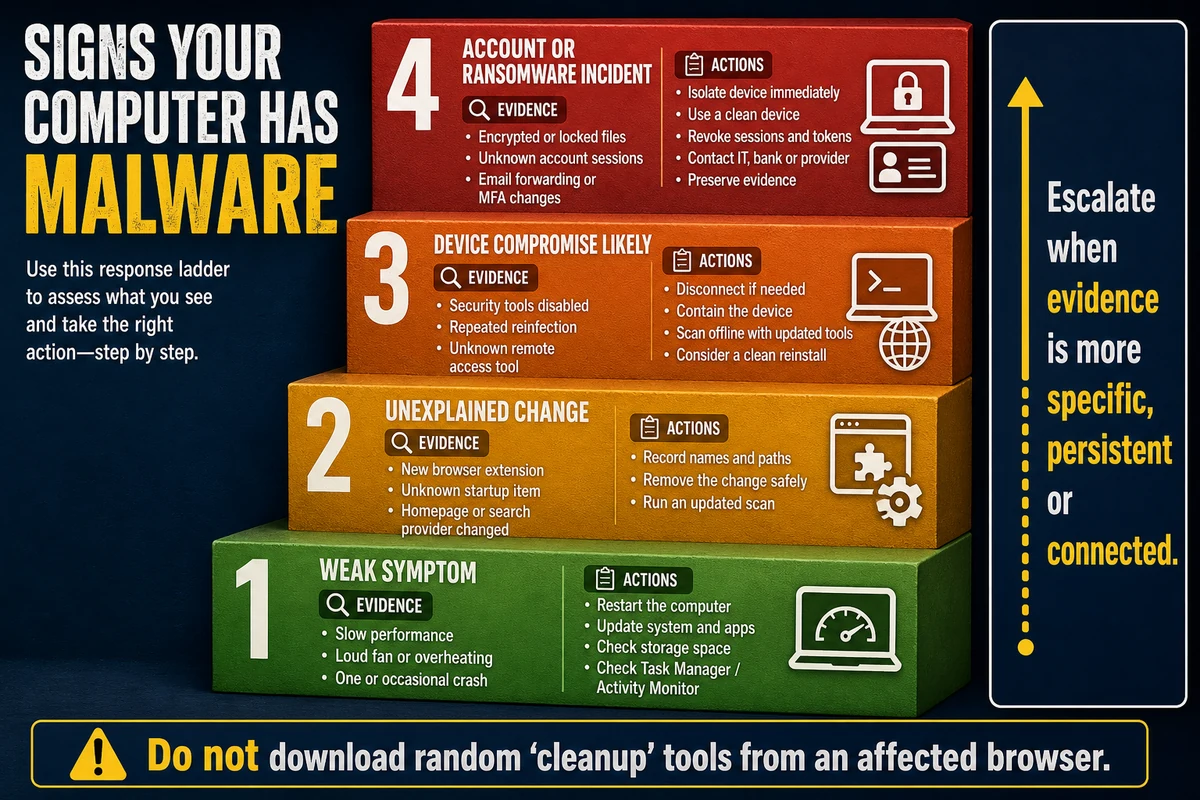 Four-level malware response ladder from weak symptoms to account or ransomware incidents