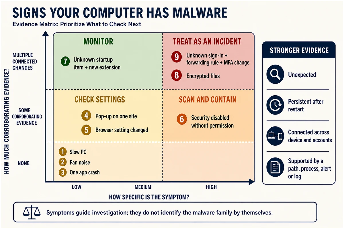 Matrix comparing symptom specificity with corroborating malware evidence