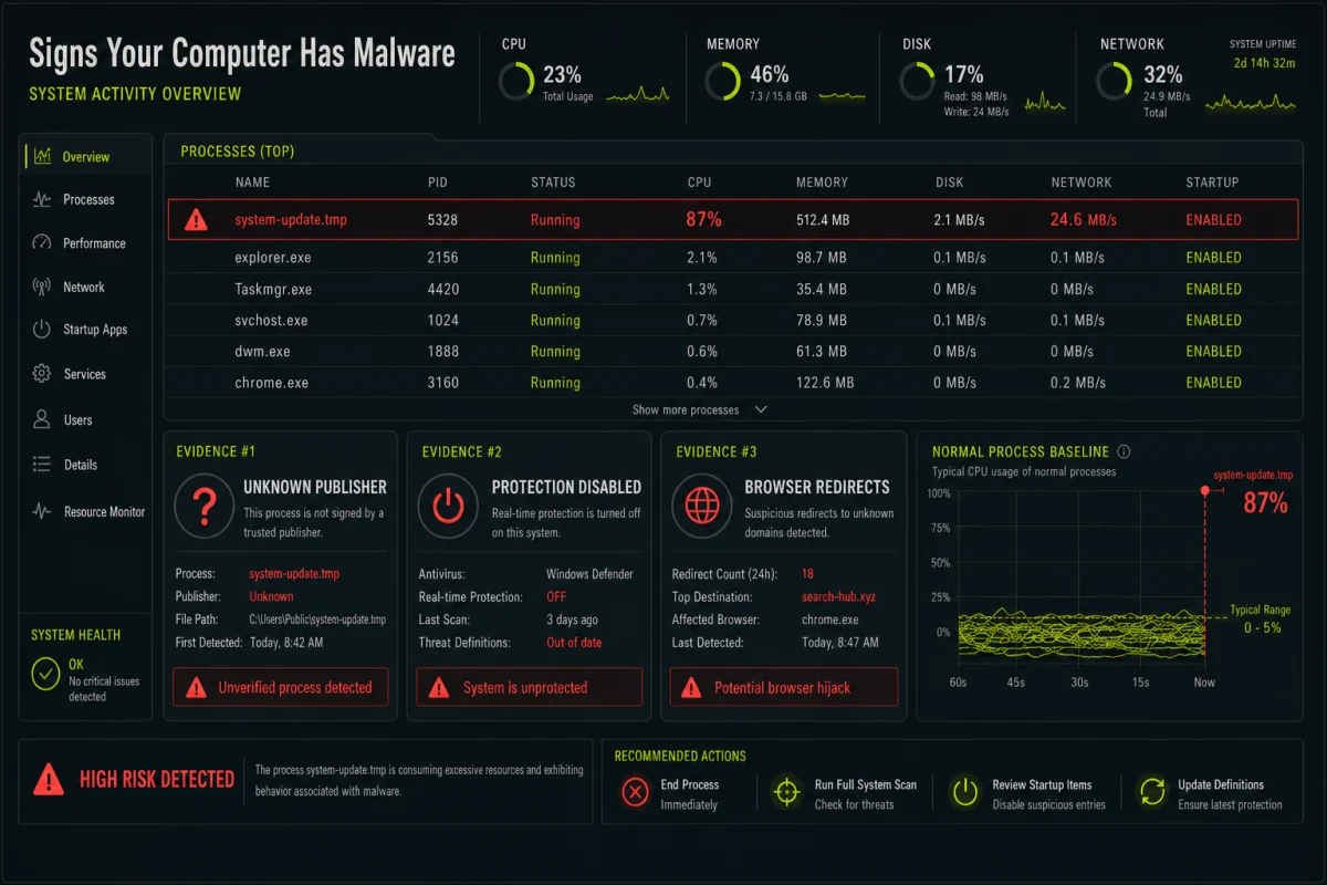 System activity dashboard highlighting an unknown process with high CPU, network traffic and disabled protection