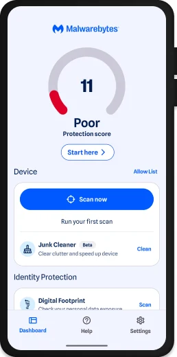 Official Malwarebytes Android dashboard with Protection Score, Scan now, Allow list and Junk Cleaner controls