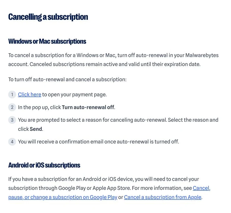 Official Malwarebytes Help Center steps for turning off auto-renewal and routing mobile subscriptions to Apple or Google Play