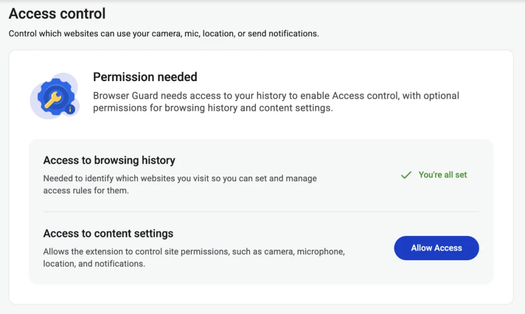 Browser Guard Access Control permission screen requesting browsing history and content settings access