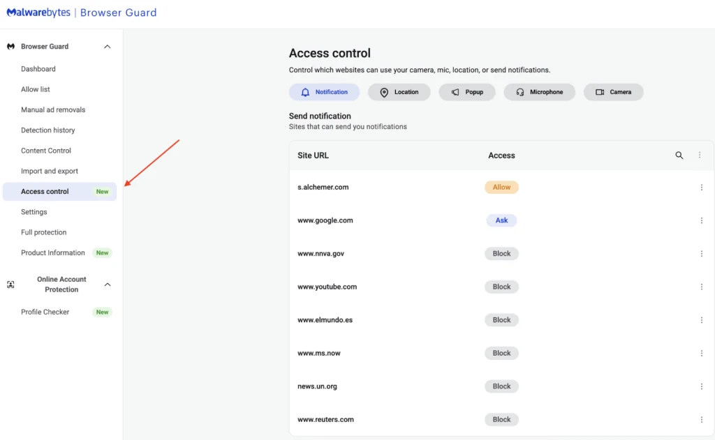 Browser Guard Access Control dashboard listing notification location microphone and camera permissions by website