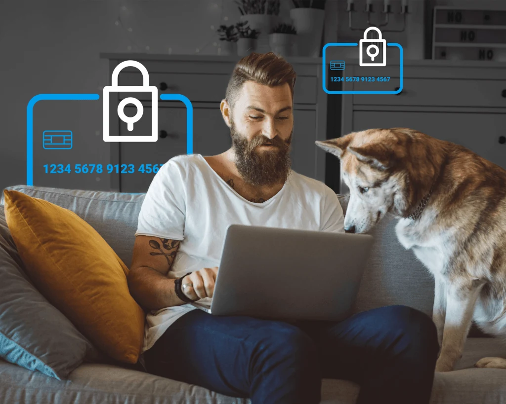 Official Malwarebytes credit monitoring marketing image with locked payment card graphics