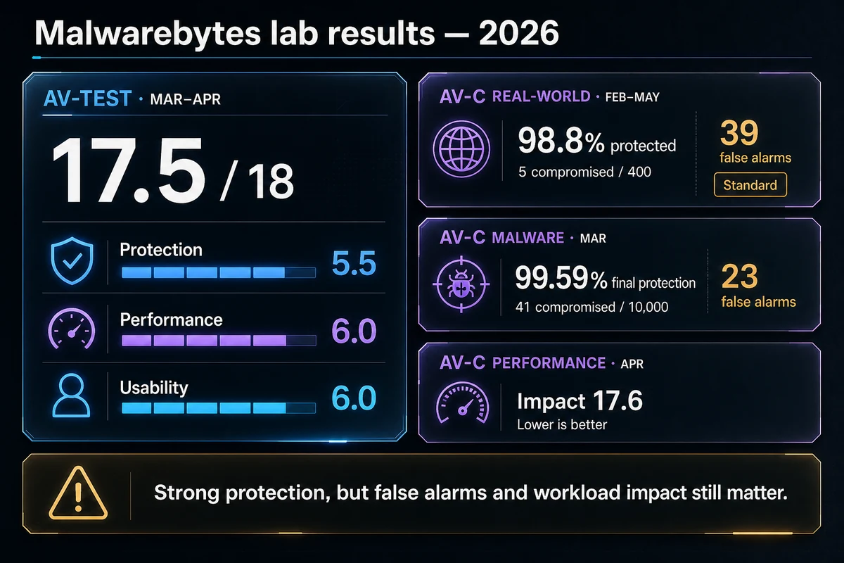 Malwarebytes 2026 AV-TEST and AV-Comparatives protection, false alarm and performance results