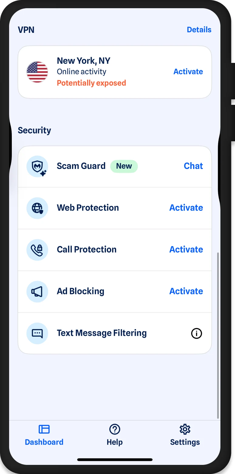 Official Malwarebytes iOS dashboard with Scam Guard, Web Protection, Call Protection, Ad Blocking and Text Message Filtering