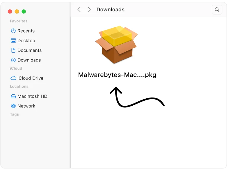 Official Malwarebytes for Mac package selected in the Downloads folder