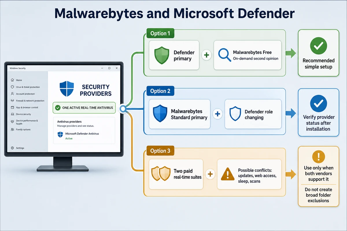 Malwarebytes and Microsoft Defender setup options with one active real-time antivirus