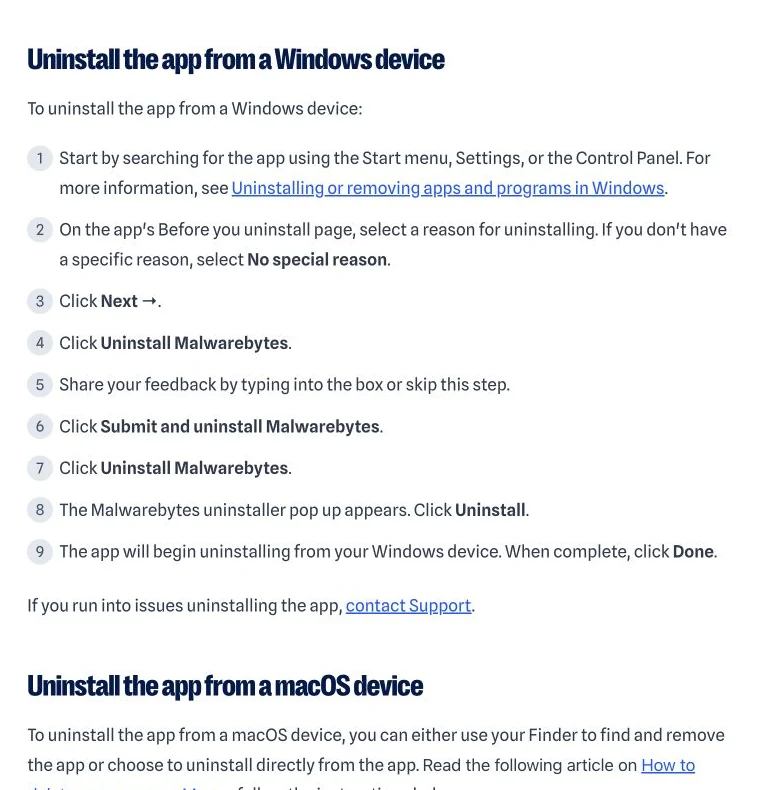Official Malwarebytes Help Center steps for uninstalling the consumer app from Windows and beginning the Mac route