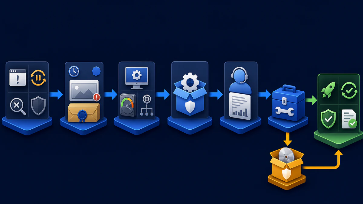 Malwarebytes troubleshooting flow from symptom and evidence through baseline checks, update, logs and Repair, with Clean reinstall only after Repair fails