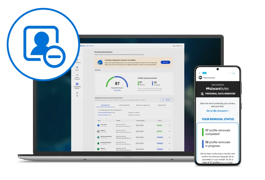 Official Malwarebytes Personal Data Remover promotional dashboard with completed and in-progress profile counts