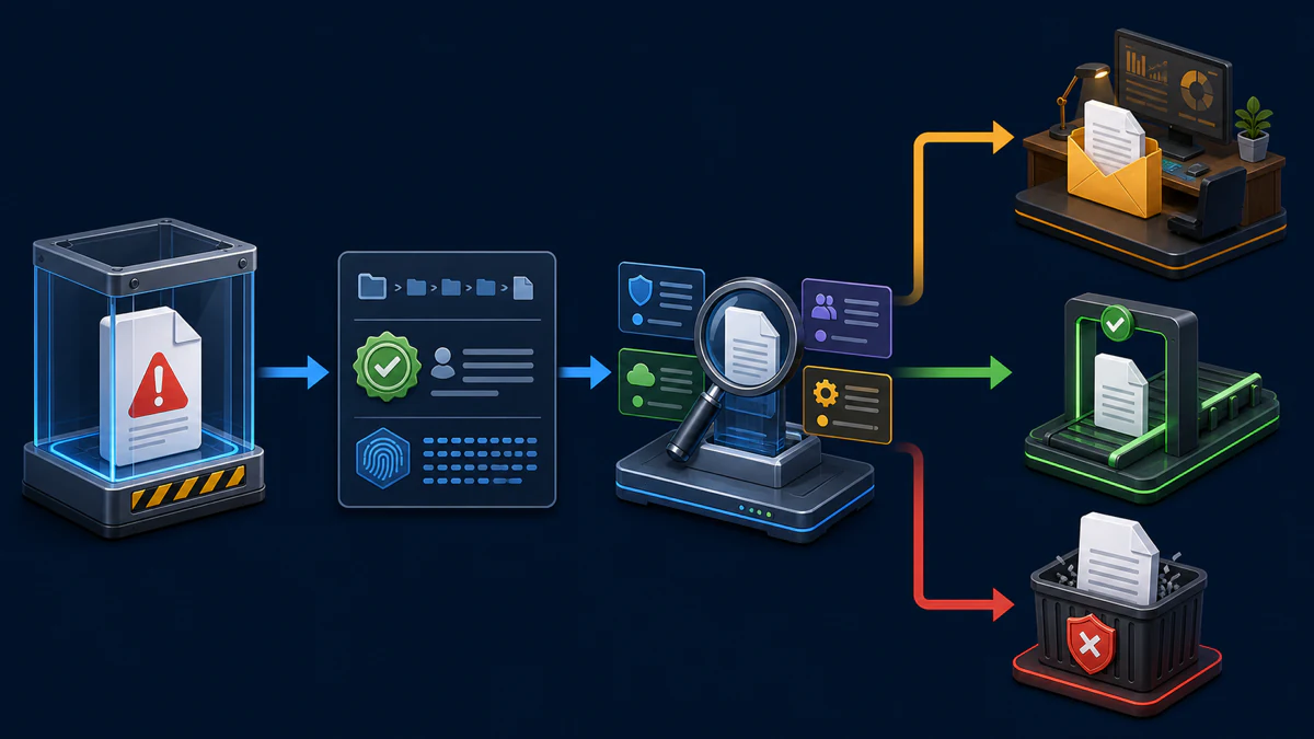 Quarantined file moving through identity and context checks before separate report, narrow restore or permanent delete outcomes