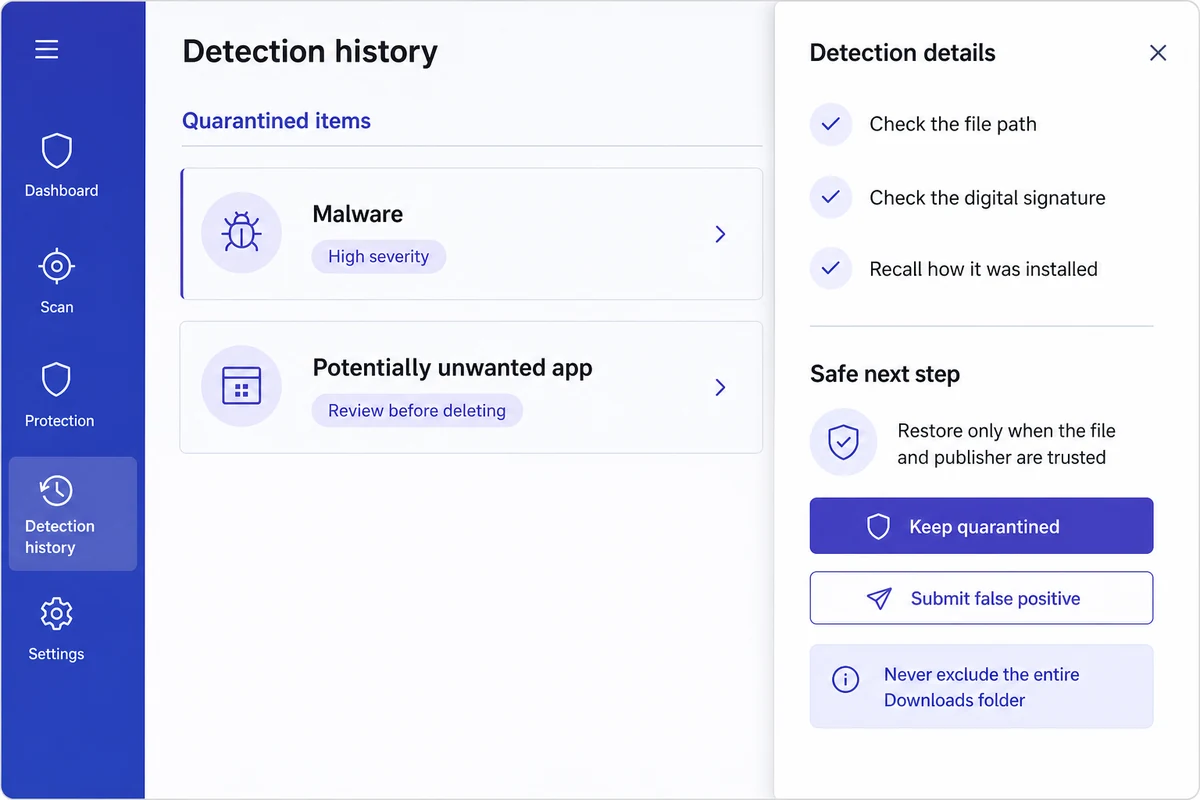 Malwarebytes quarantine screen distinguishing malware from a potentially unwanted application