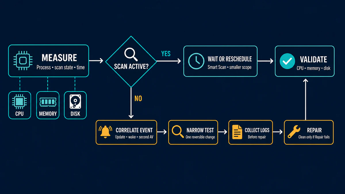 Malwarebytes resource diagnostic flow from measurement and scan-state classification through scheduling, event correlation, logs, Repair and validation