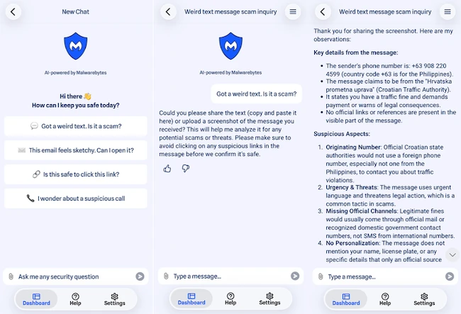 Malwarebytes Scam Guard on iPhone analyzing a redacted phishing text and explaining suspicious sender urgency and missing official channels