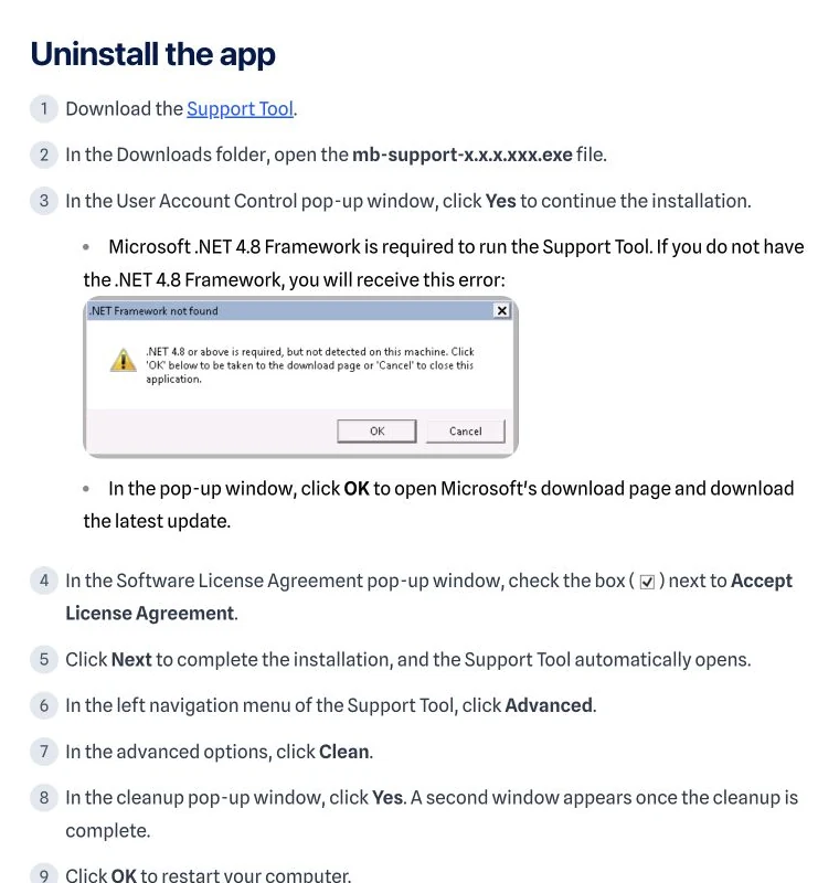 Official Malwarebytes Help Center Advanced Clean sequence including Support Tool download, .NET requirement and restart
