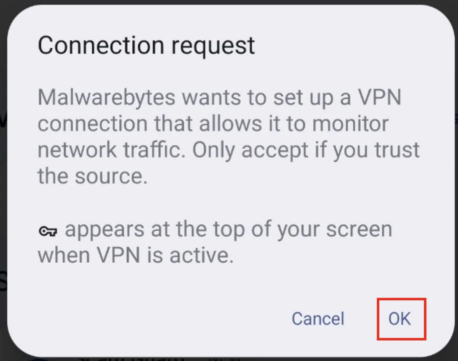 Android connection request for Malwarebytes VPN with the official OK button highlighted