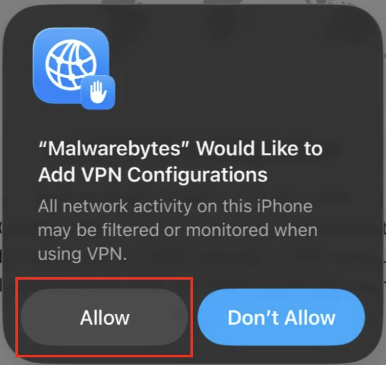 iPhone permission prompt allowing Malwarebytes to add VPN configurations