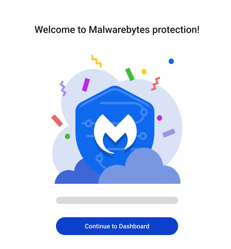 Official Malwarebytes welcome screen with Continue to Dashboard after Windows setup