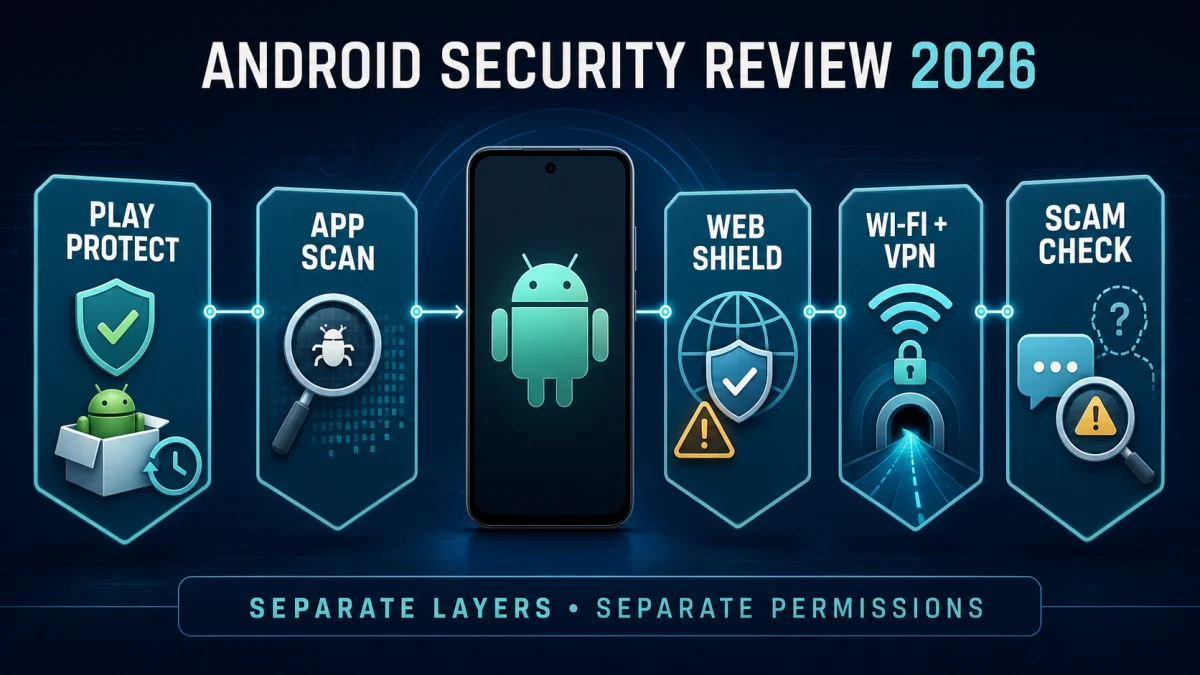 Five Android security layers: Play Protect, McAfee app scan, web shield, Wi-Fi and VPN, and scam checks