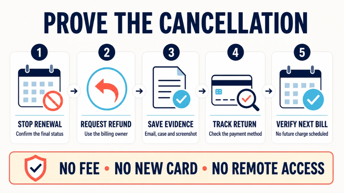McAfee cancellation evidence checklist from renewal off through refund and next-bill verification
