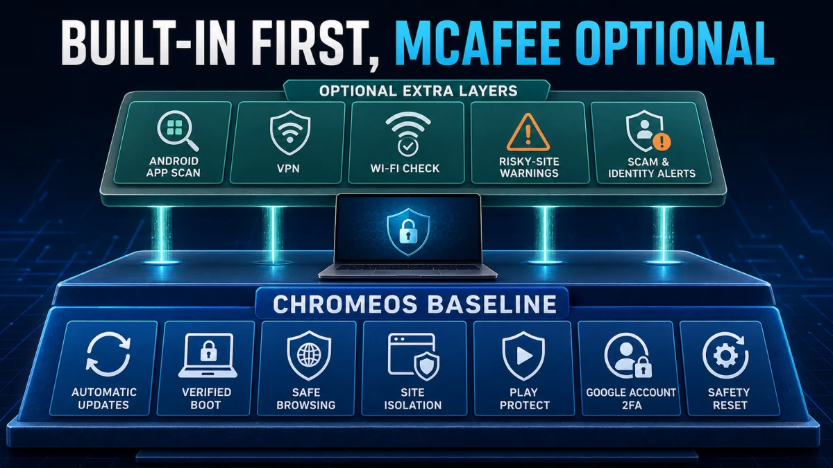 ChromeOS updates, Verified Boot, Safe Browsing, Site Isolation, Play Protect, Google Account 2FA and Safety Reset support optional McAfee layers