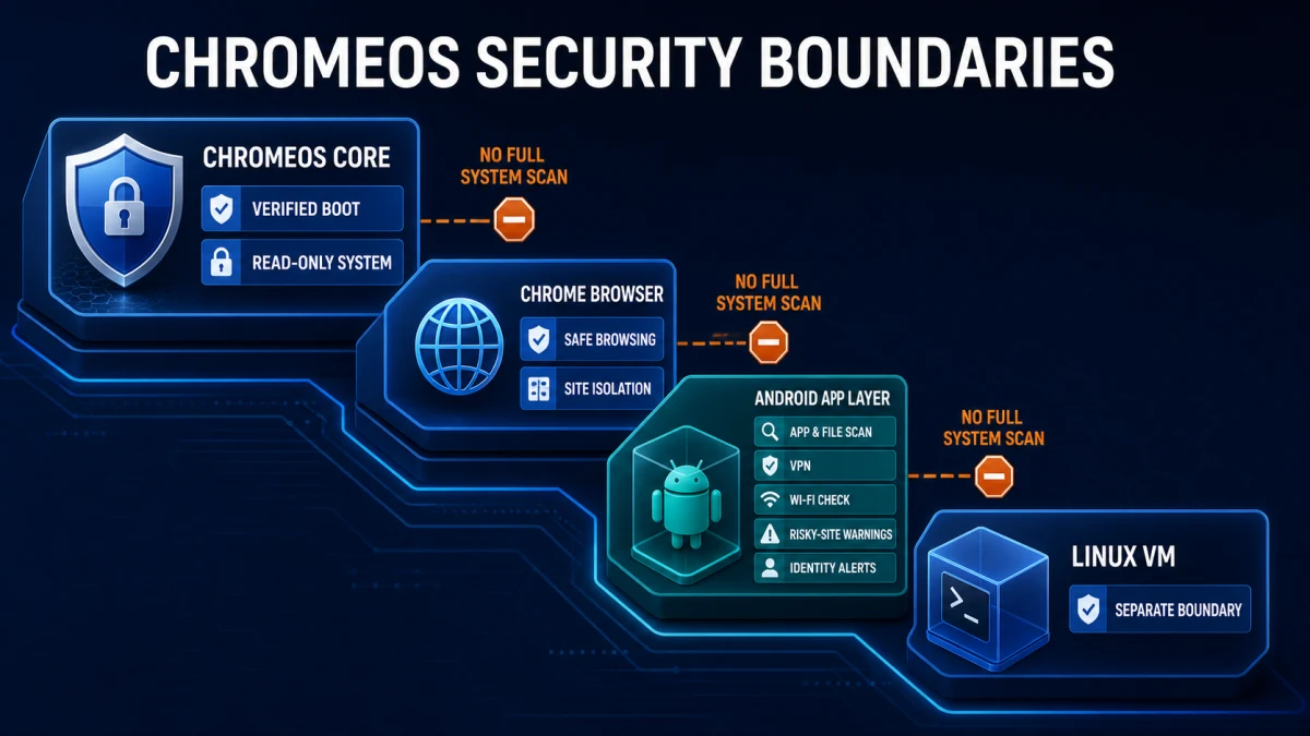 ChromeOS core, Chrome browser, Android app layer and Linux VM show separate McAfee scan and security boundaries
