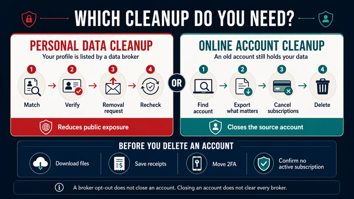 Decision map separating McAfee broker-profile removal from safe deletion of old online accounts