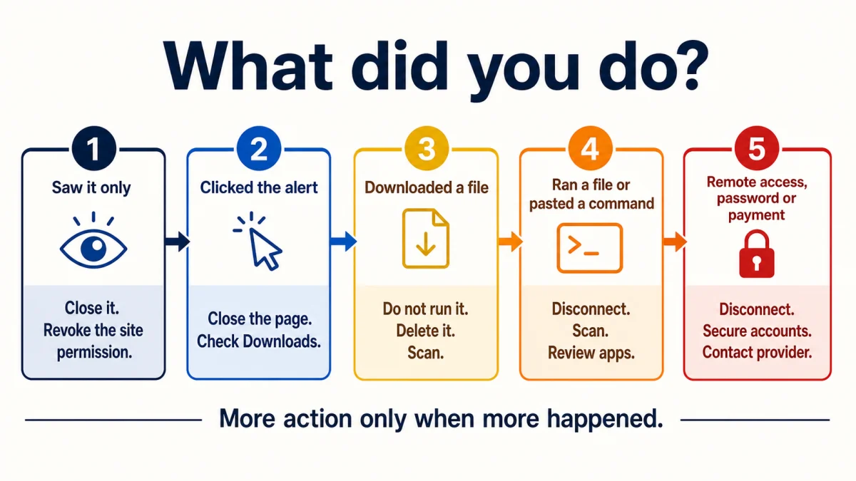 Five-level response map for seeing, clicking, downloading from, running software from or paying through a fake McAfee warning